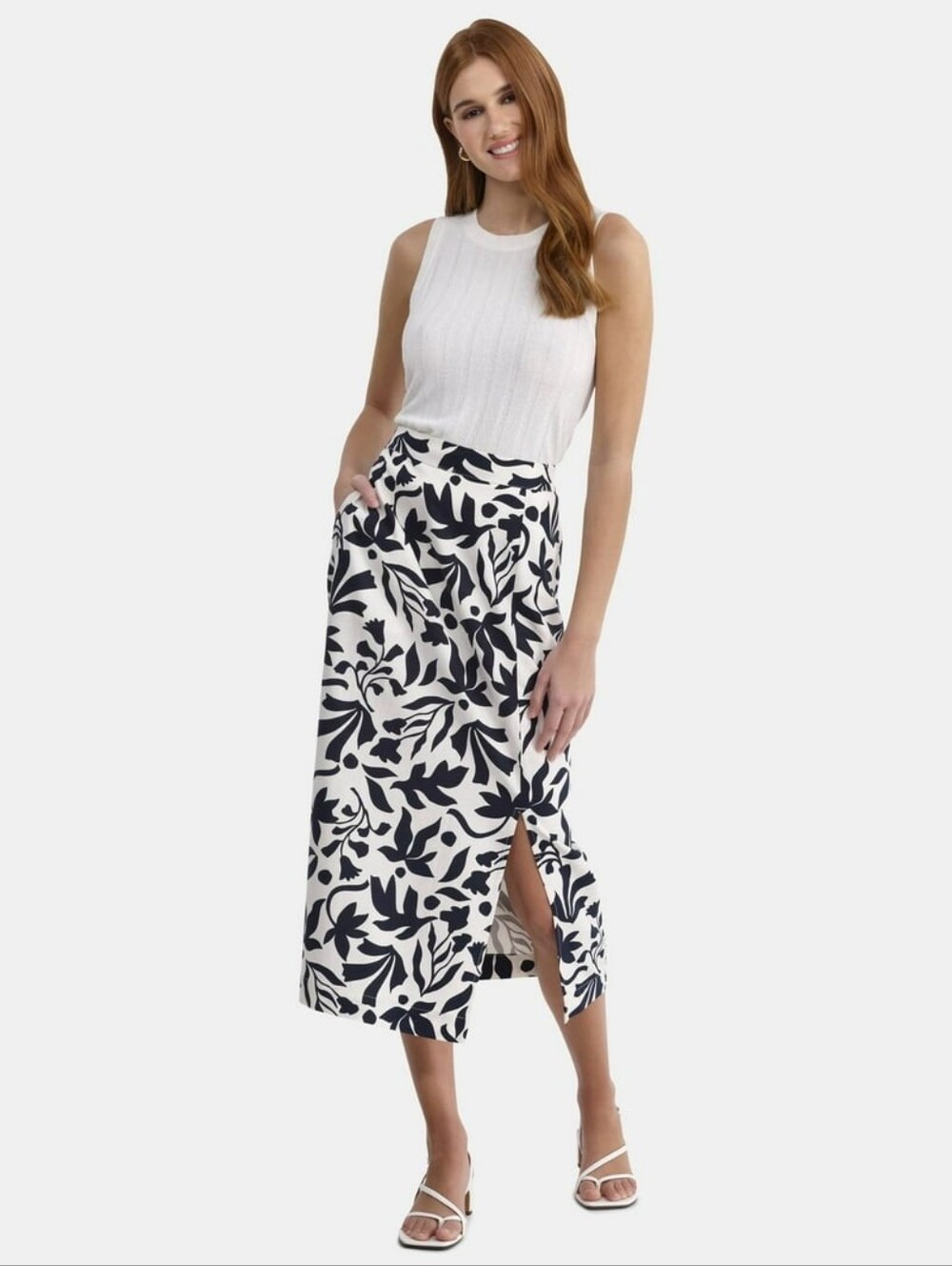 NWT Linen Blend Floral Print Midi Skirt with Side Slit Plus XXL 20 Time & Tru